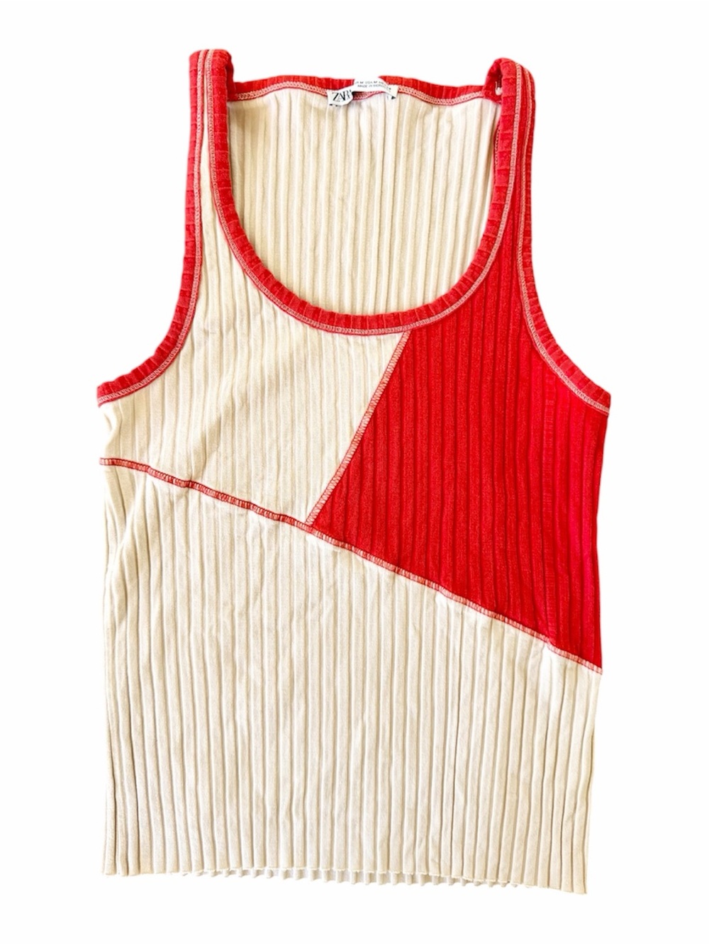 Zara Red and White Ribbed Colorblock Tank Top - Picture 4 of 7
